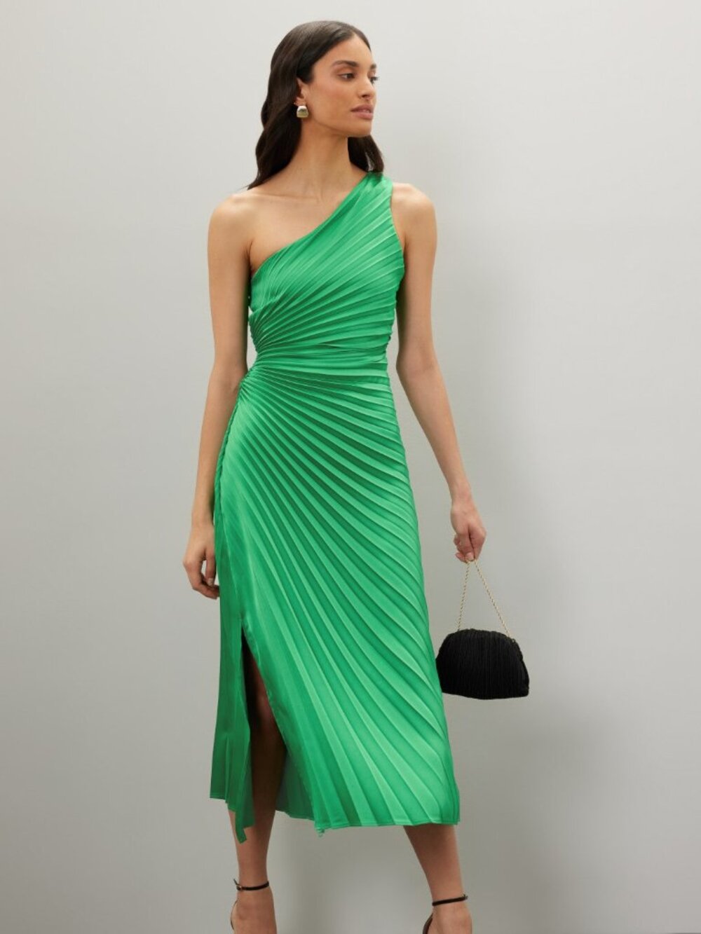 Delfi Collective Leah Pleated One Shoulder Green Hunter Midi Dress Size XS
